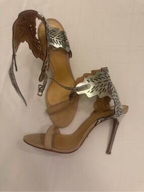 SCHUTZ Nude Suede Heels with Silver Leaf Accents